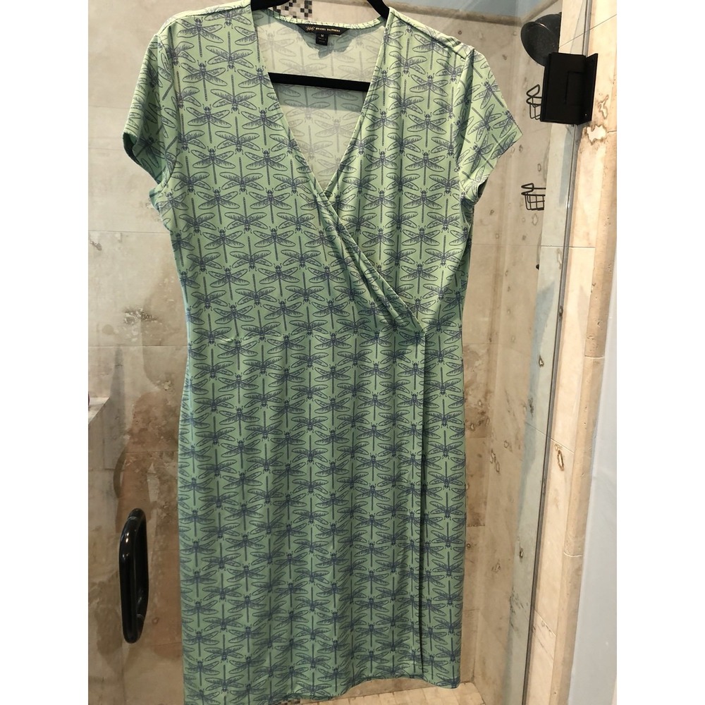 Brooks Brothers 346 Green Dragonfly Print Stretch Jersey Mock Wrap Dress Sz M